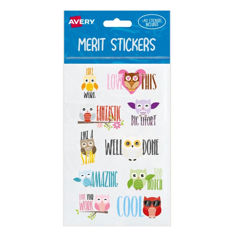 MERIT STICKERS AVERY ASST SHAPES OWL PK40