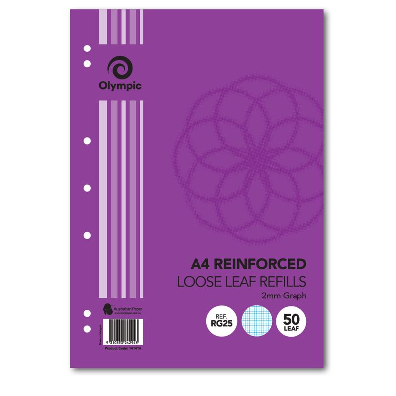 LOOSE LEAF REINFORCED REFILLS OLYMPIC A4 2MM GRAPH PK50