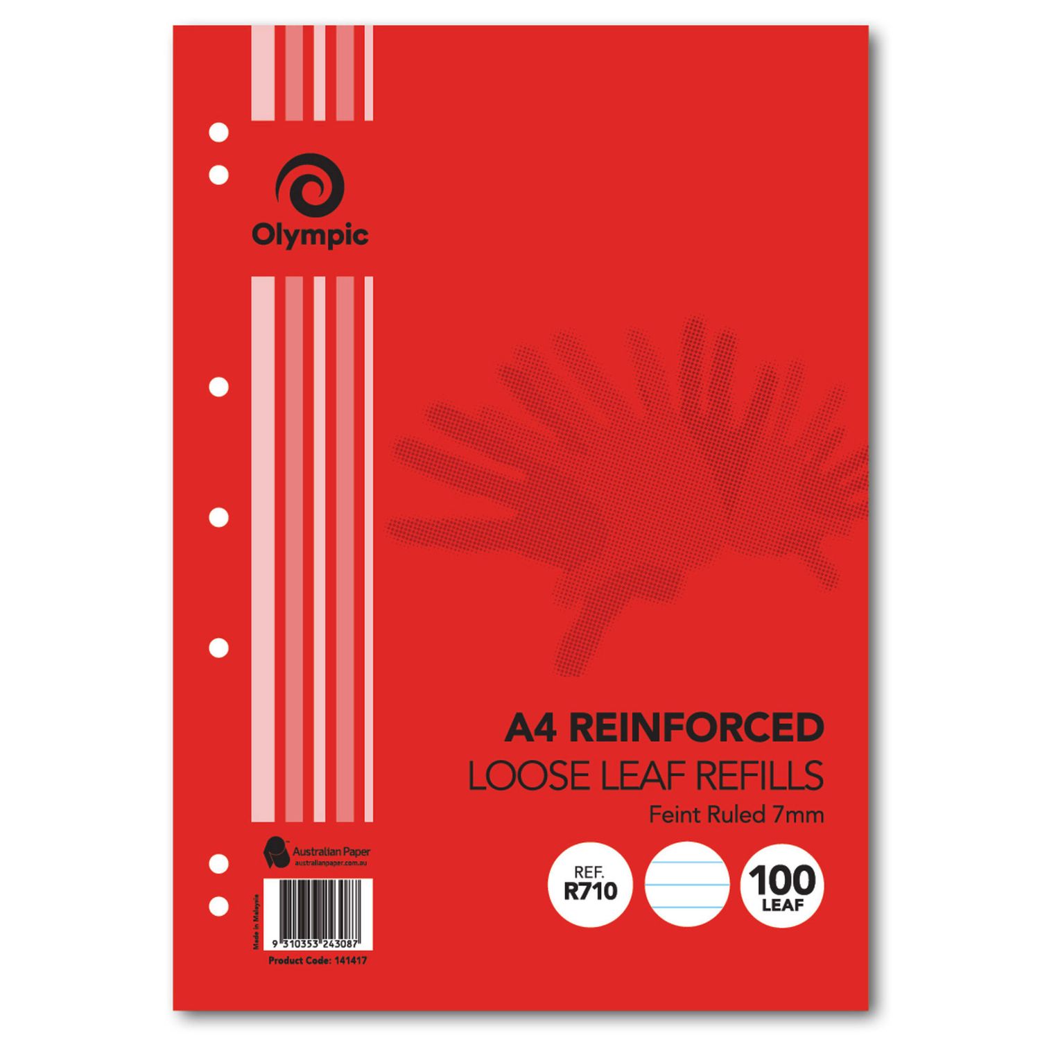 LOOSE LEAF REINFORCED REFILLS OLYMPIC A4 RULED 7MM PK100