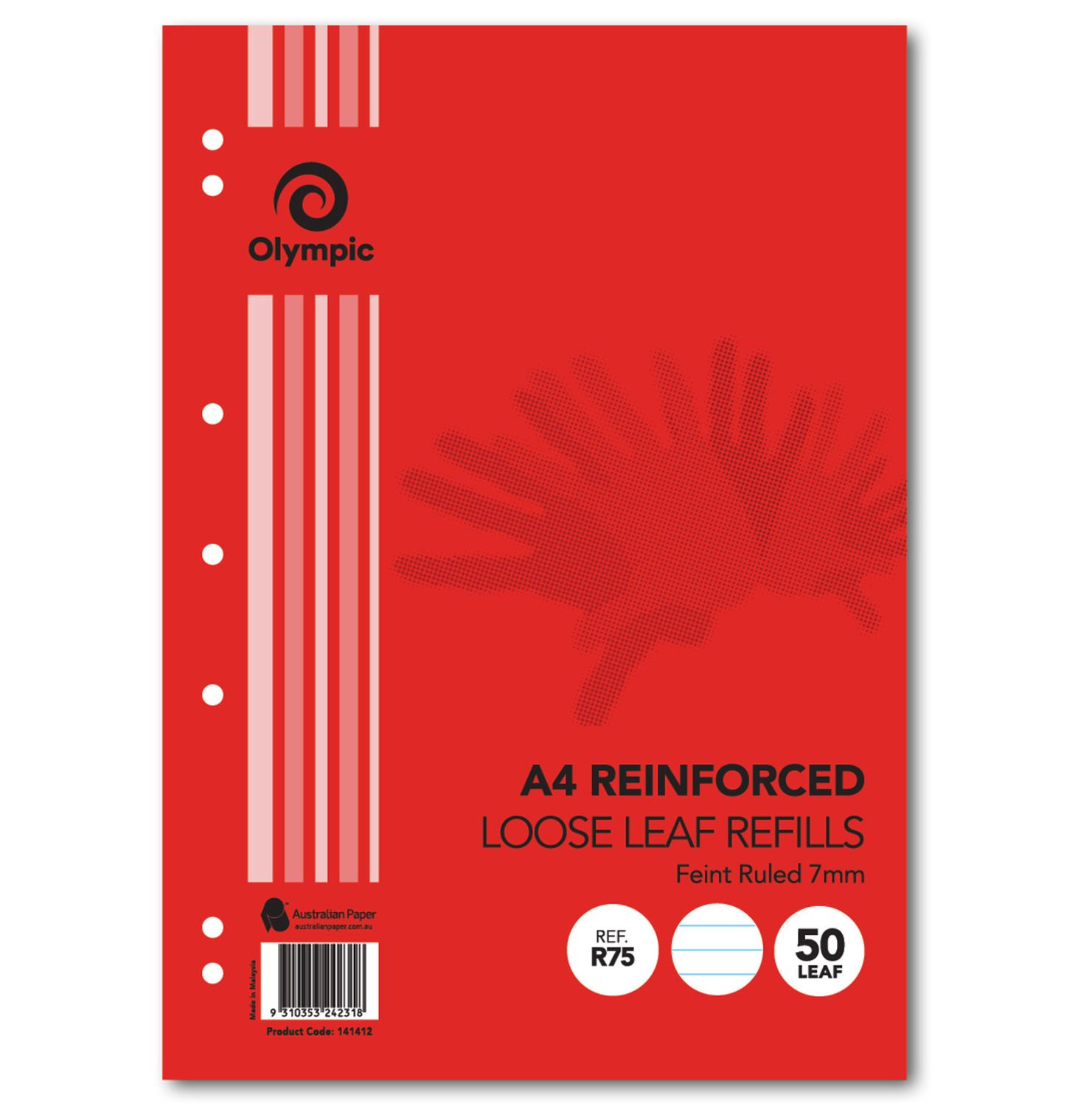 LOOSE LEAF REINFORCED REFILLS OLYMPIC A4 RULED 7MM PK50