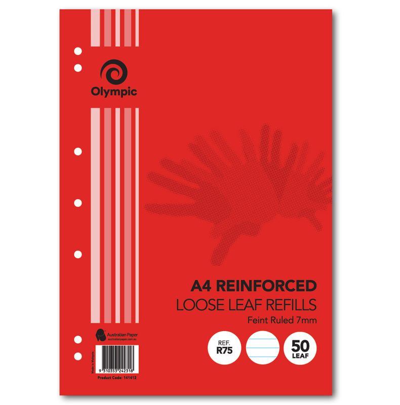 LOOSE LEAF REINFORCED REFILLS OLYMPIC A4 RULED 7MM PK50