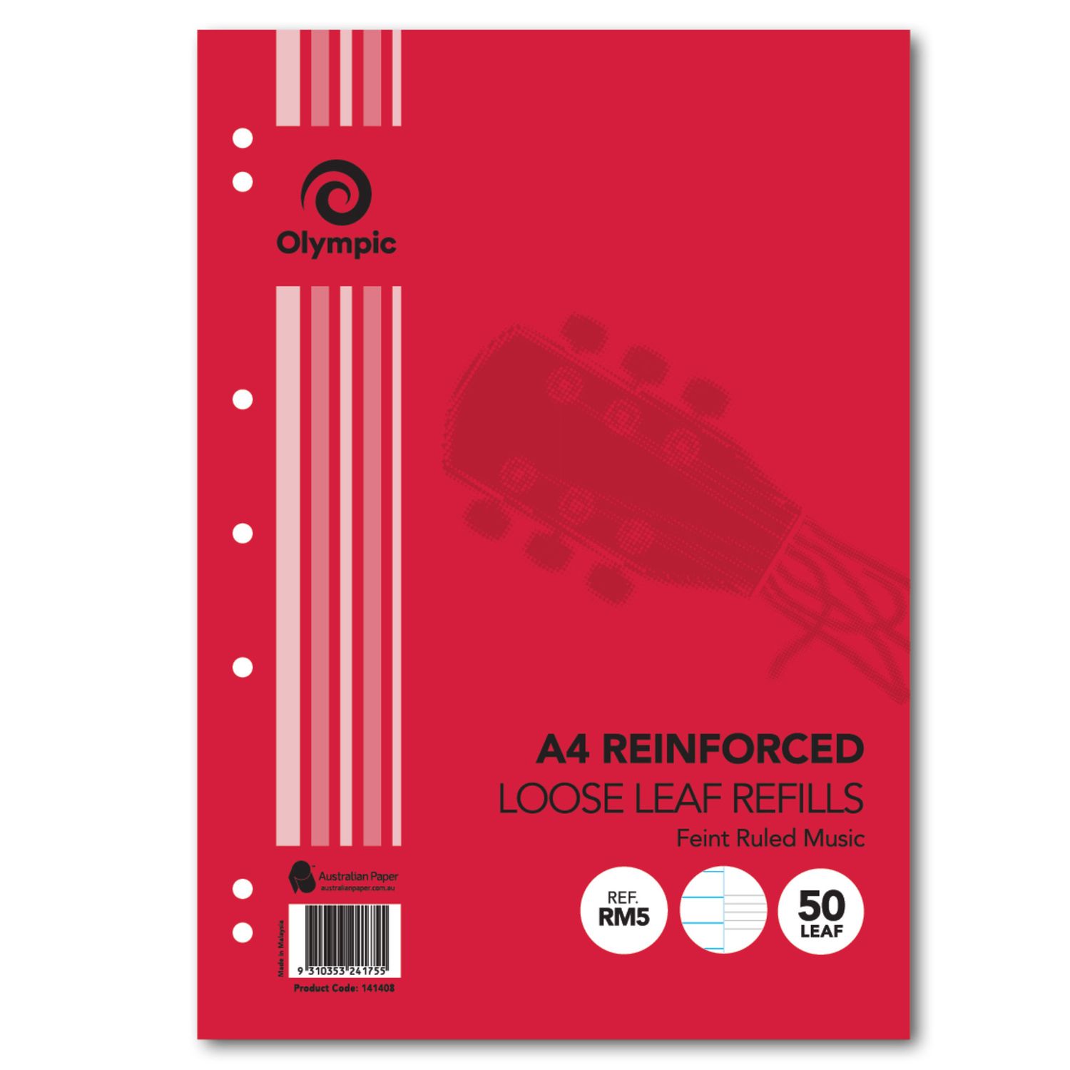 LOOSE LEAF REINFORCED REFILLS OLYMPIC A4 MUSIC 50 LEAF
