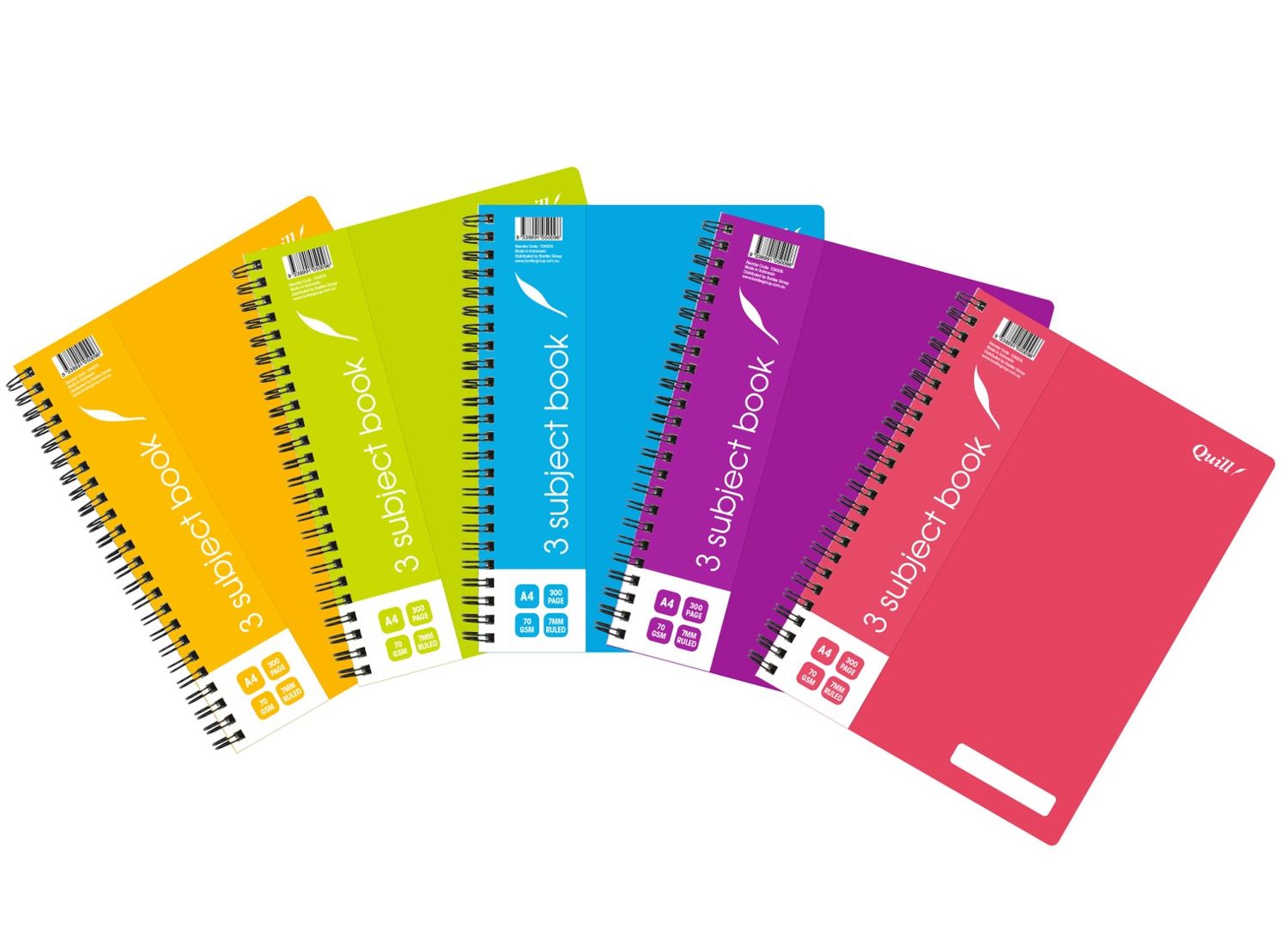 NOTEBOOK QUILL A4 70GSM PP 3 SUBJECT ASST 300PG