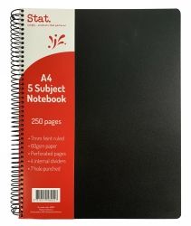 NOTEBOOK STAT A4 5 SUBJECT 60GSM 7MM RULING PP COVER BLACK 250PG