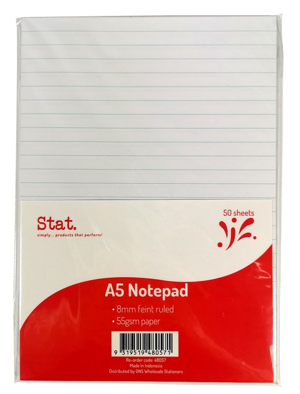 NOTEPAD STAT A5 55GSM 8MM RULING WHITE 50SHT