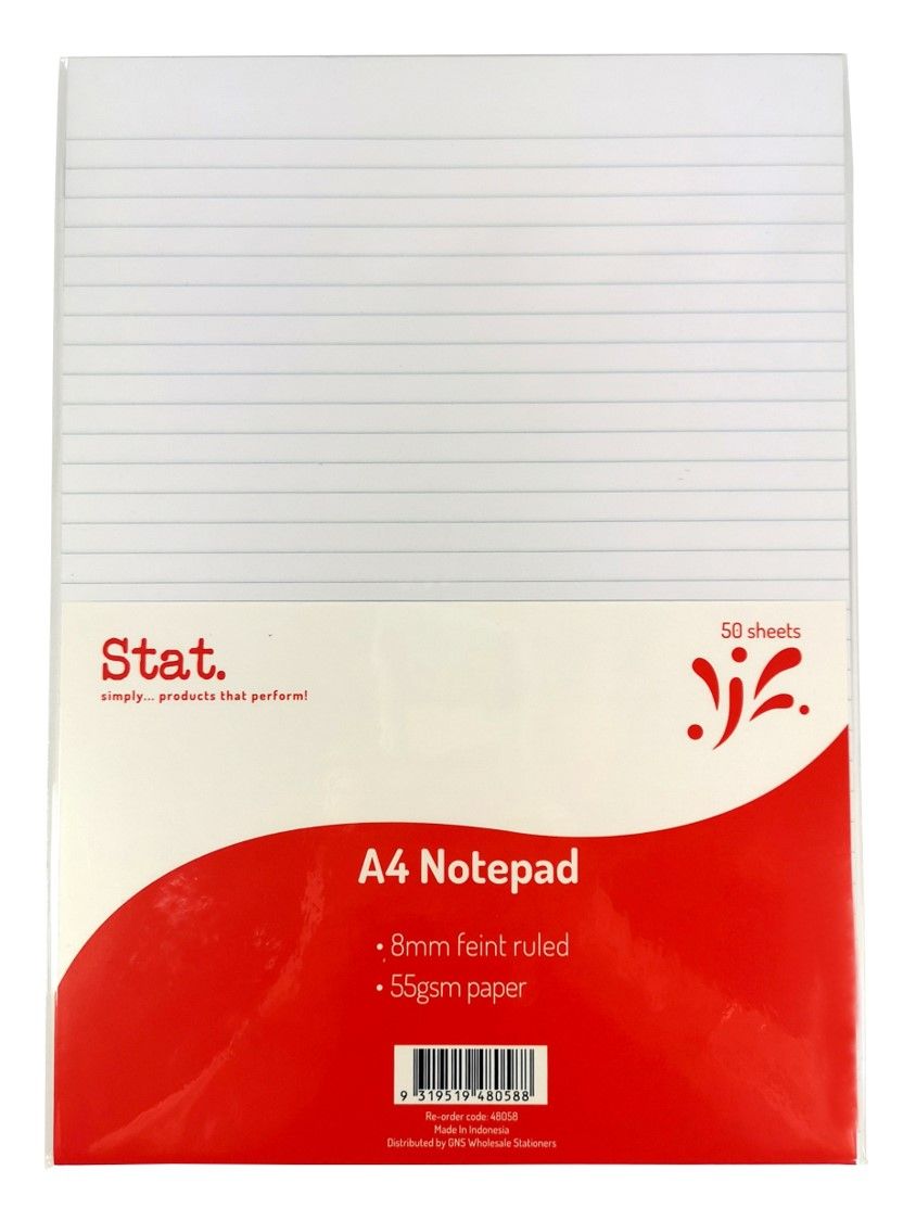 NOTEPAD STAT A4 55GSM 7MM RULING WHITE 50SHT