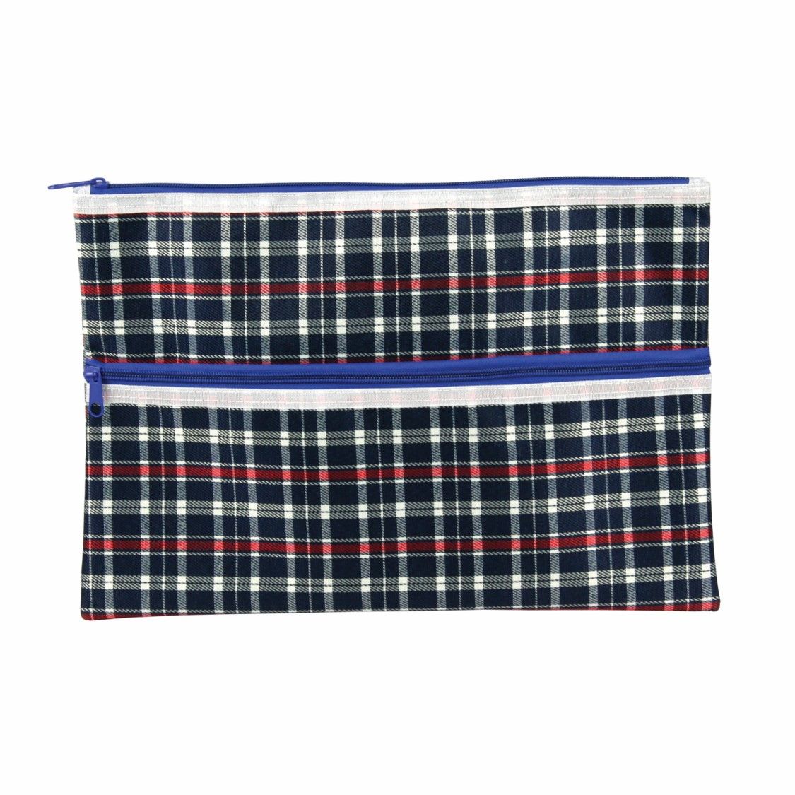 PENCIL CASE CELCO 375X264MM 2 ZIP TARTAN ASST