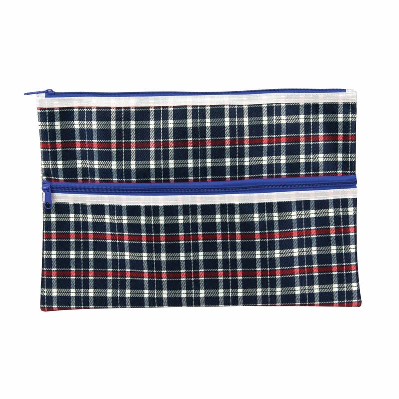 PENCIL CASE CELCO 375X264MM 2 ZIP TARTAN ASST