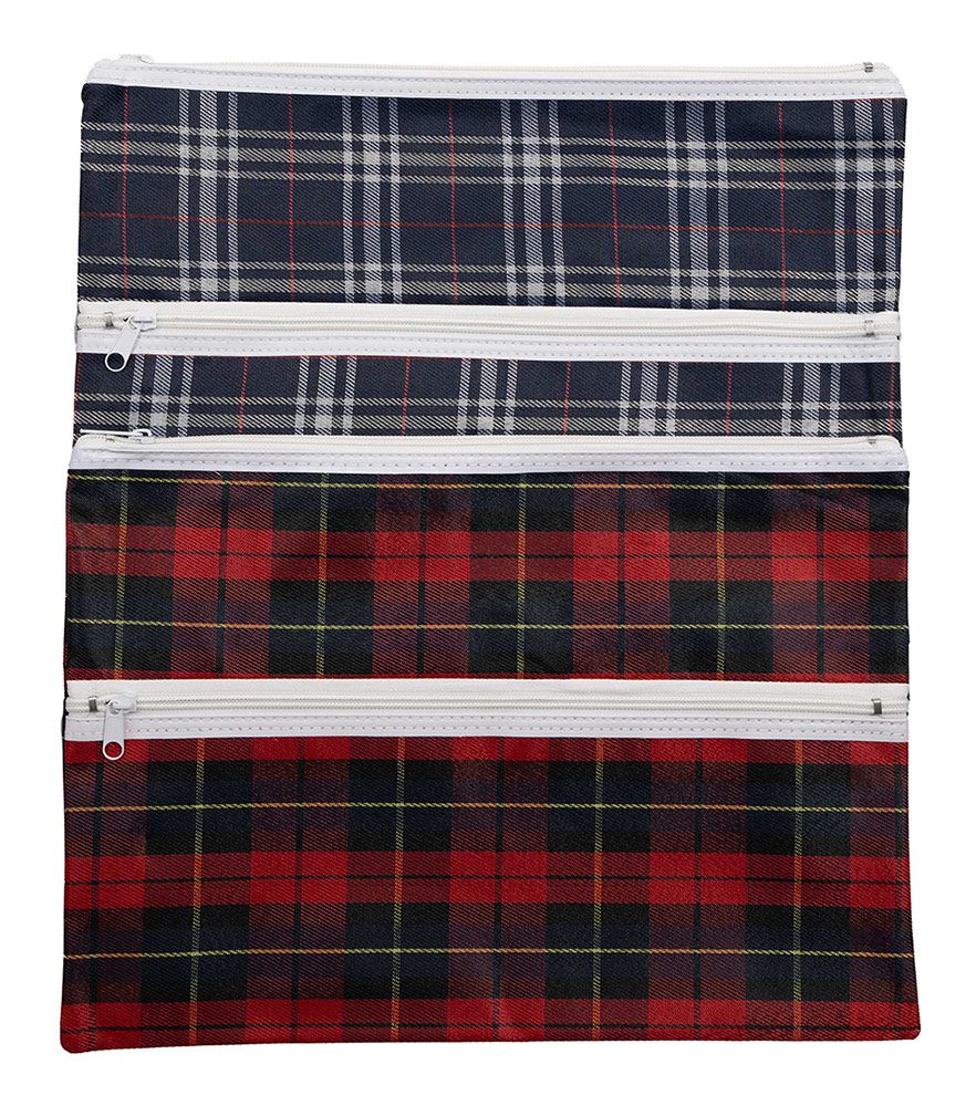 PENCIL CASE GNS 38X27CM 2 ZIP TARTAN ASSORTED