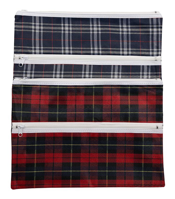 PENCIL CASE GNS 38X27CM 2 ZIP TARTAN ASSORTED