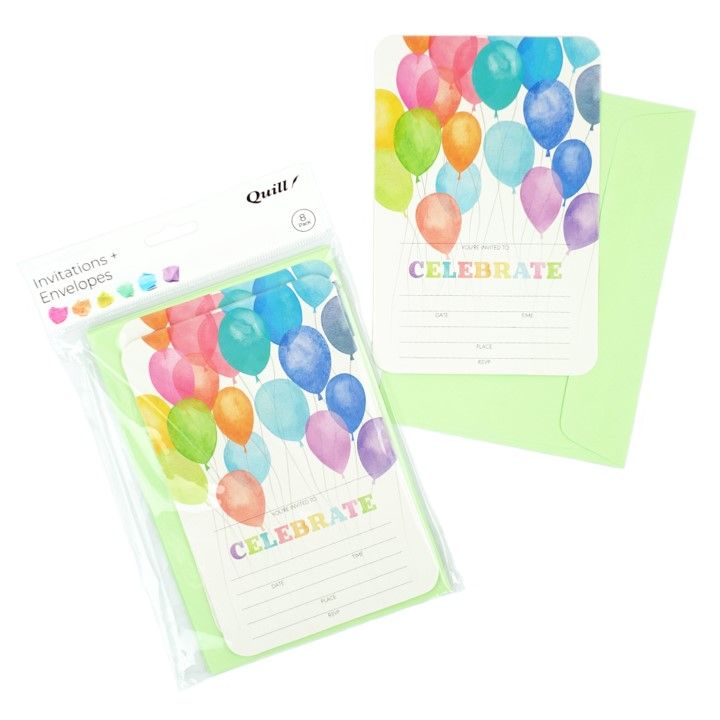 INVITATION CARDS & ENVELOPES QUILL 6 X 4 BALLOONS PARTY MULTI PK8