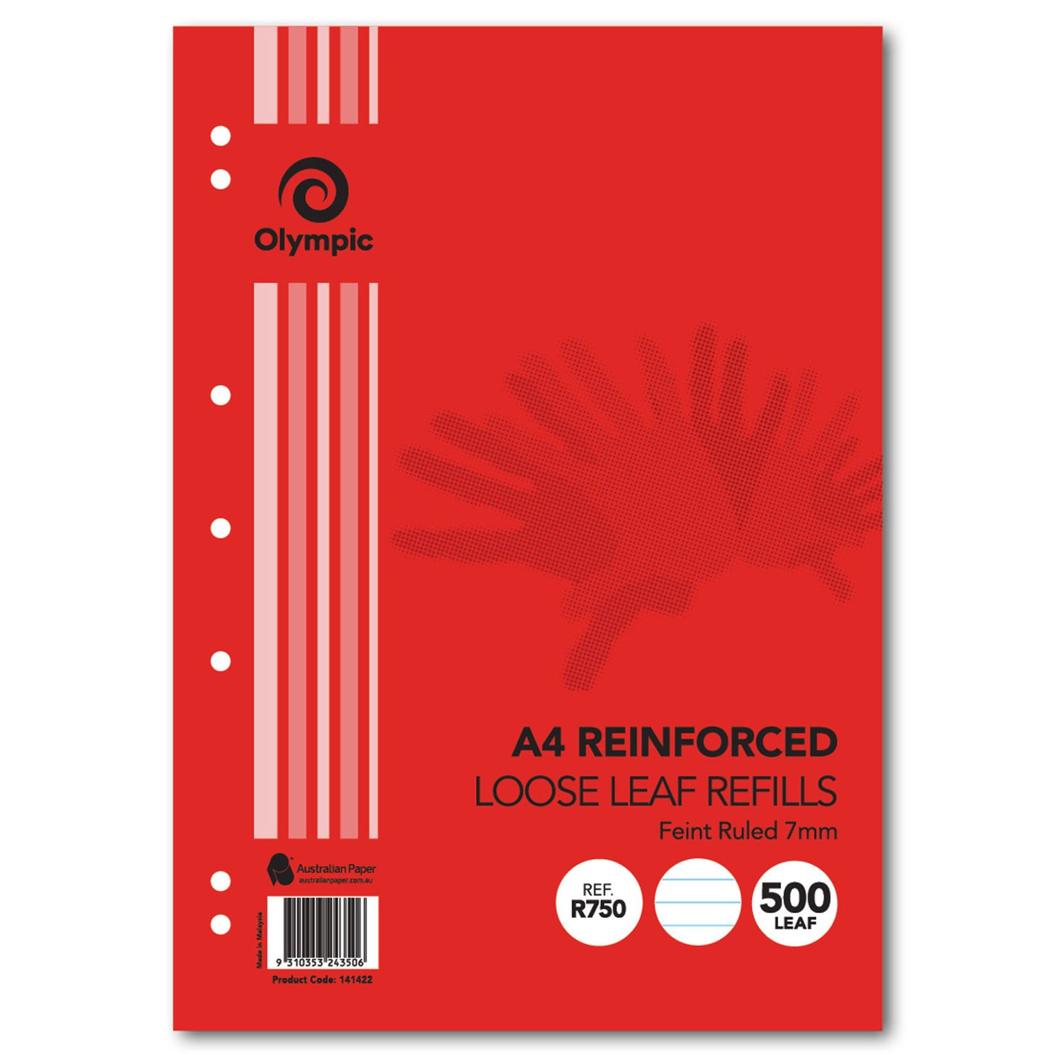 LOOSE LEAF REINFORCED REFILLS OLYMPIC A4 RULED 7MM 500 LEAF