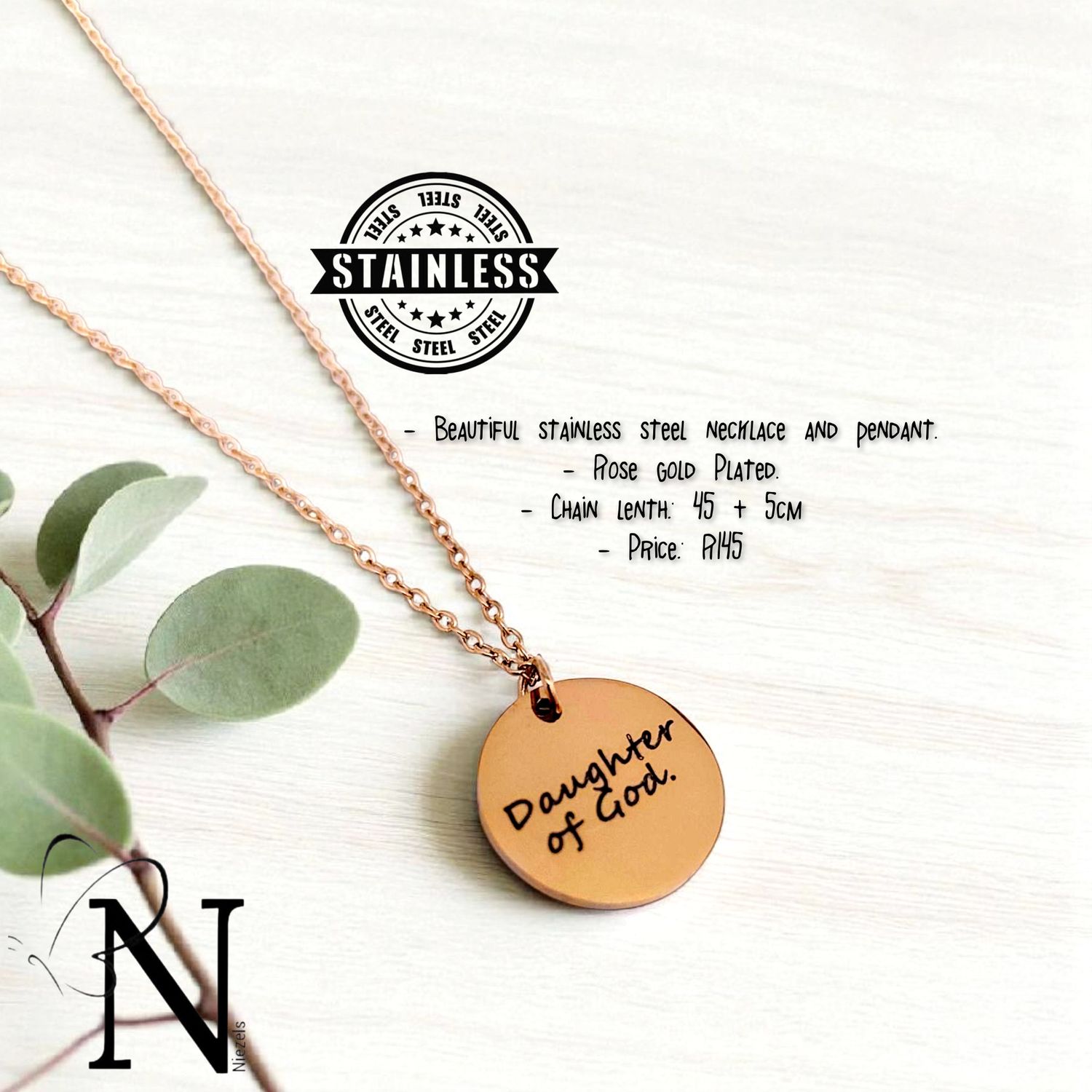 Stainless steel necklace - Daughter of God pendant.