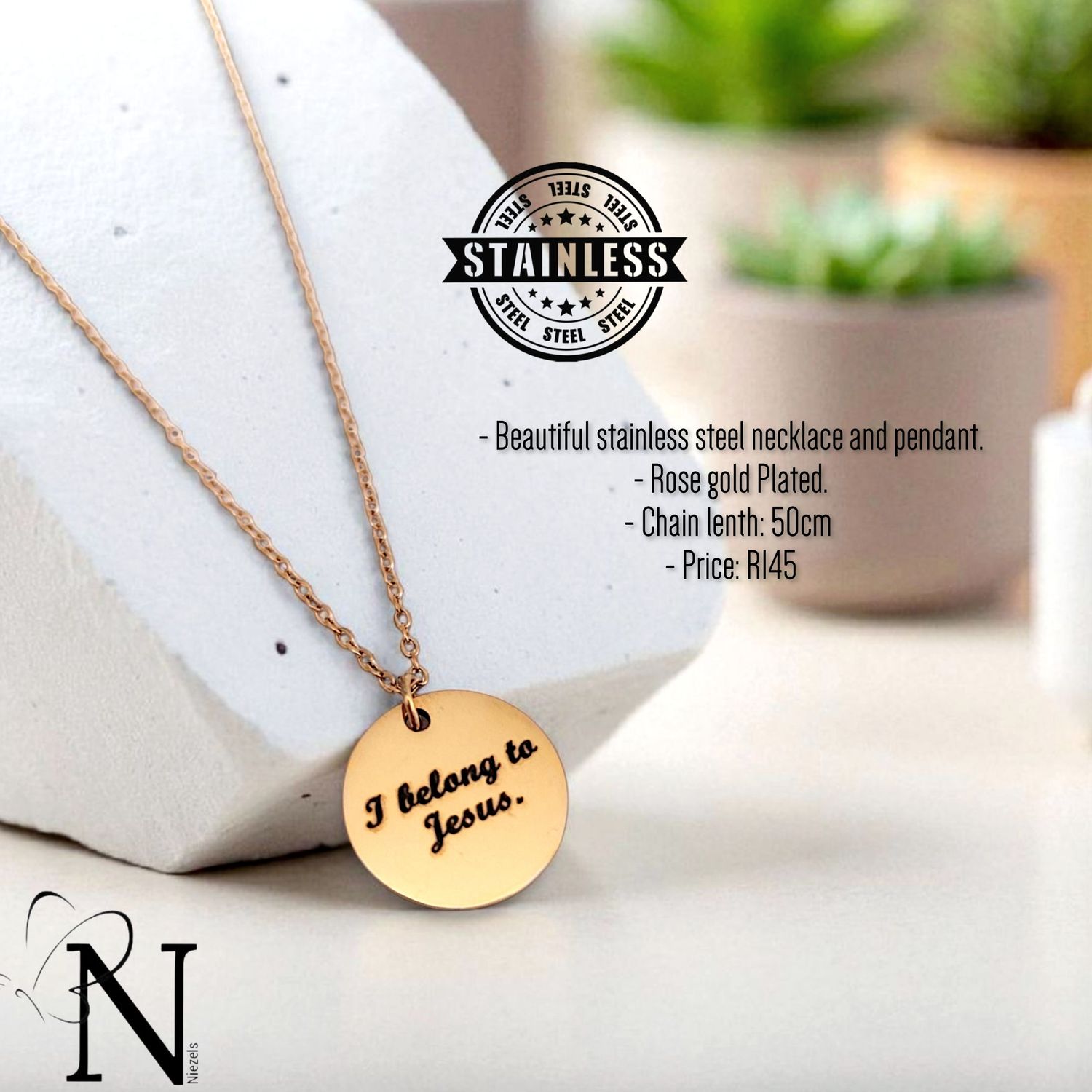 Stainless steel necklace - I Belong to Jesus pendant.