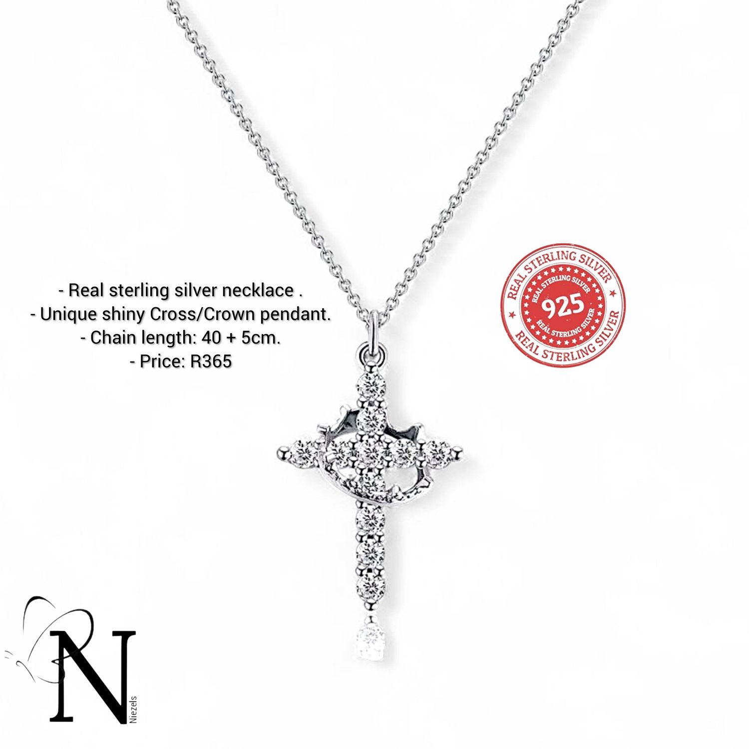 Real 925 sterling silver necklace - Shiny cross/crown pendant.