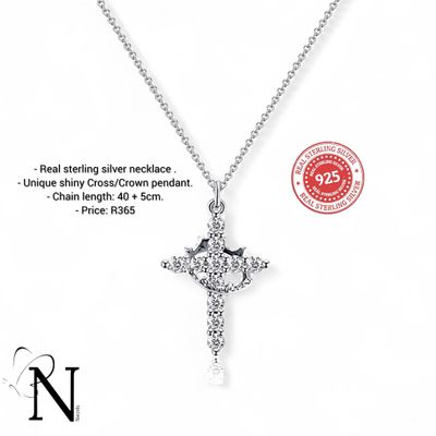 Real 925 sterling silver necklace - Shiny cross/crown pendant.