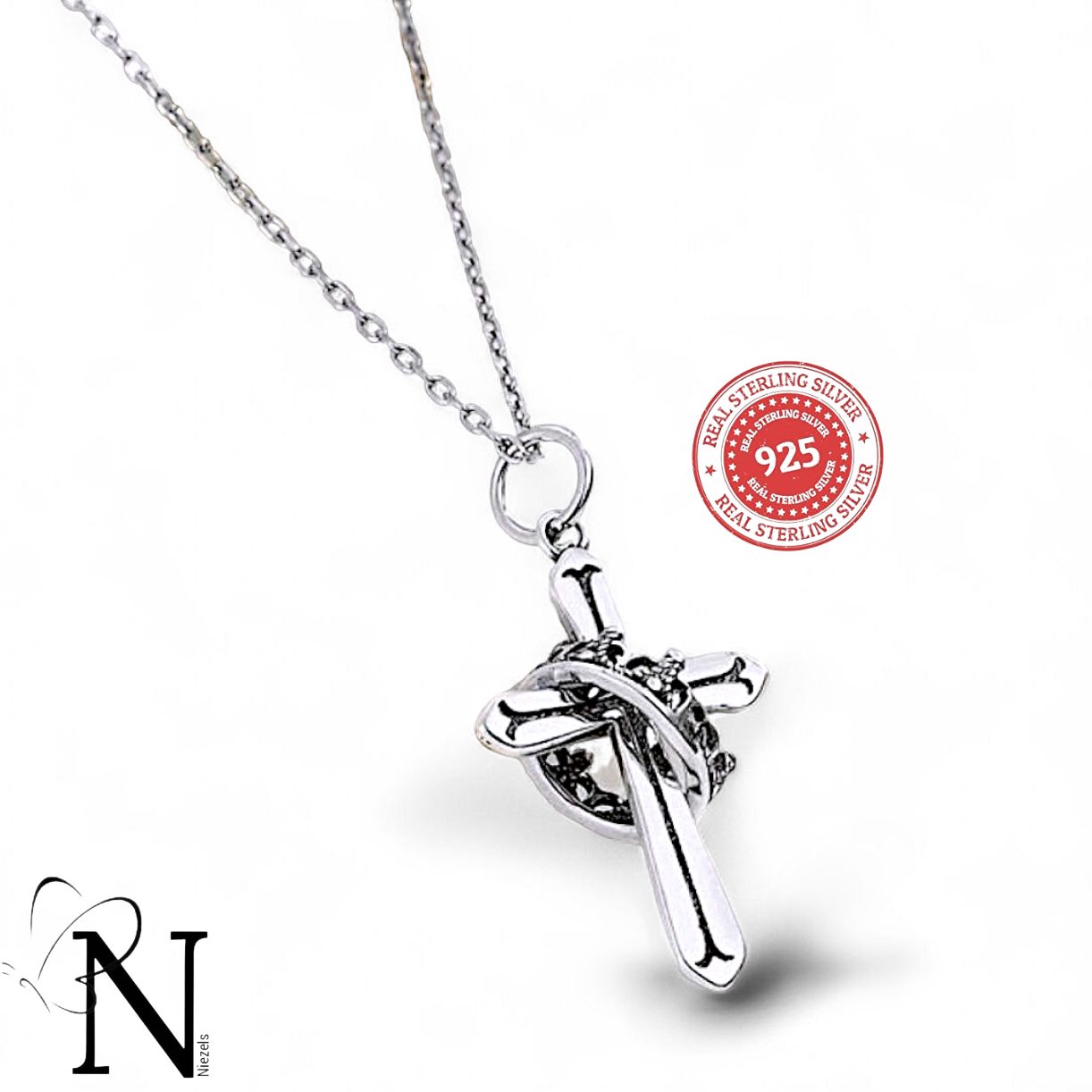 Real 925 sterling silver necklace - Stunning cross/Crown pendant.