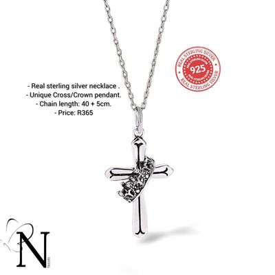 Real 925 sterling silver necklace - Stunning cross/Crown pendant.