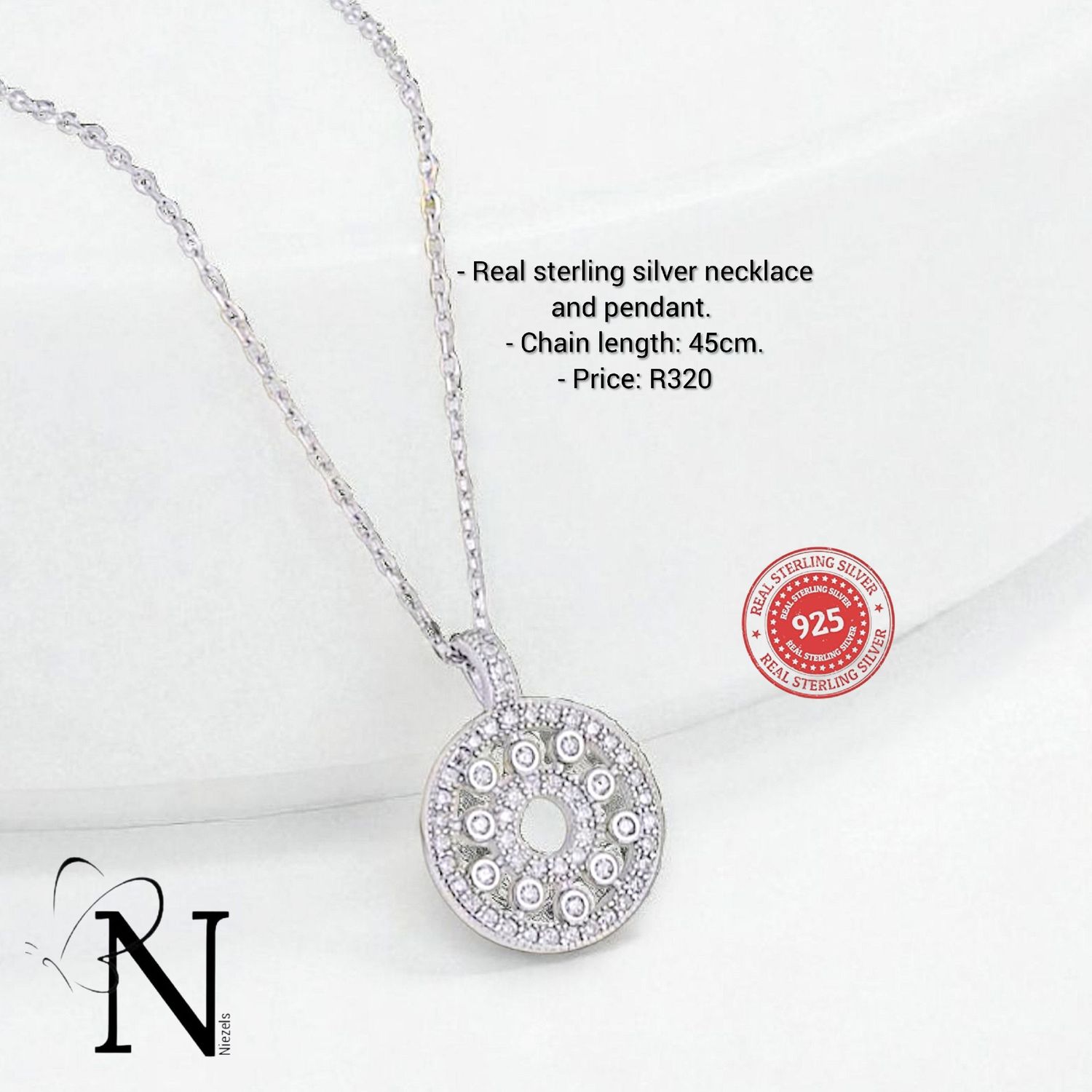 Real 925 sterling silver necklace - Unique shiny pendant.