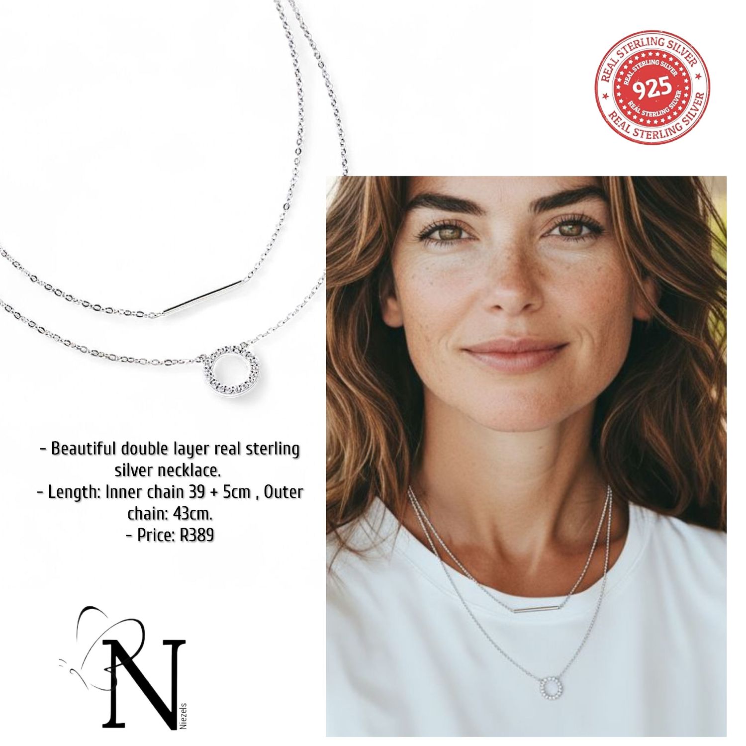 Real 925 sterling silver double layer necklace.