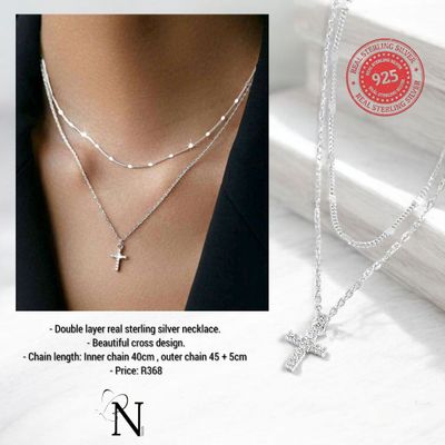 Real 925 sterling silver double layer necklace - Christian cross design. Real 925 sterling silver double layer necklace - Christian cross design.