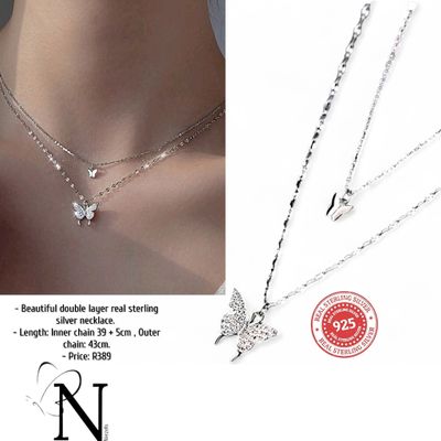 Real 925 sterling silver double layer necklace - Butterfly design. Real 925 sterling silver double layer necklace - Butterfly design.
