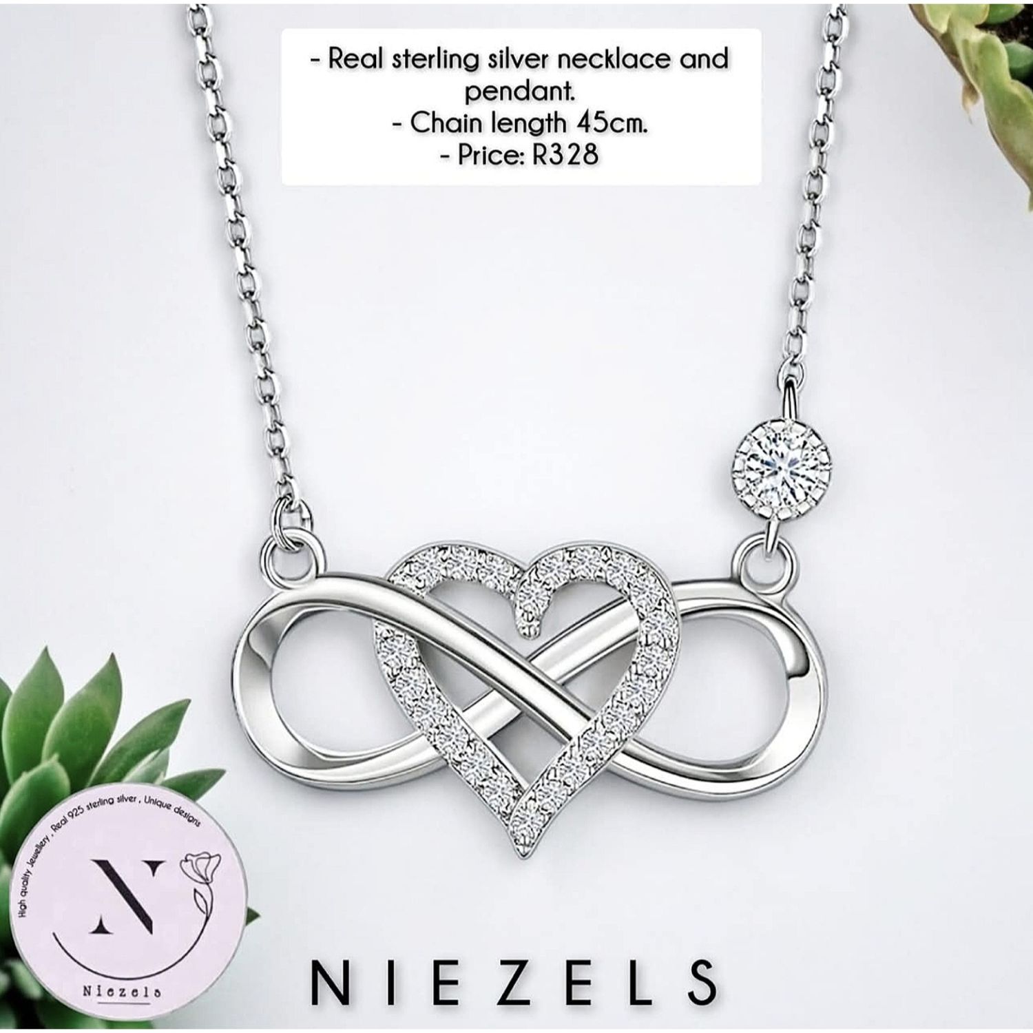 Real 925 sterling silver necklace - Heart/Infinity pendant.