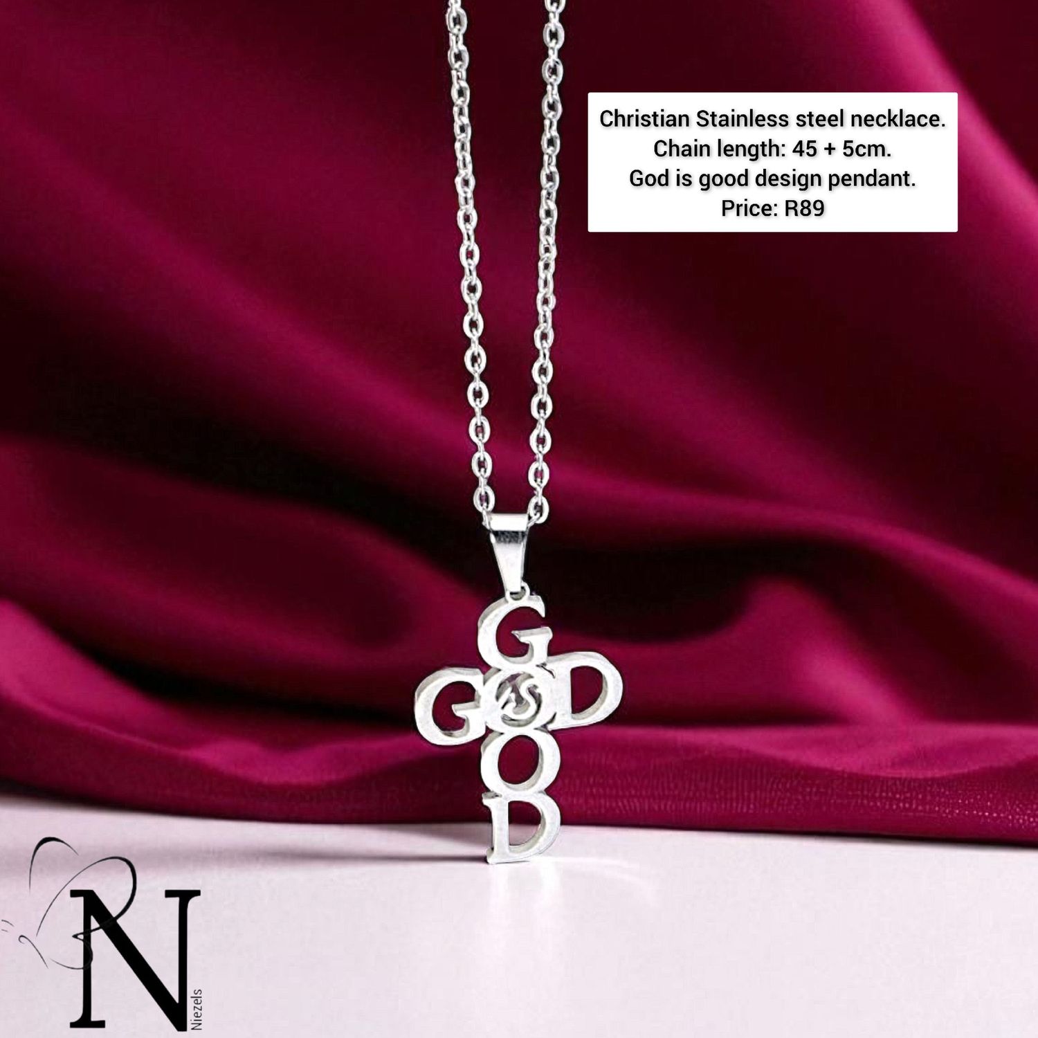 Stainless steel necklace- God is good pendant.