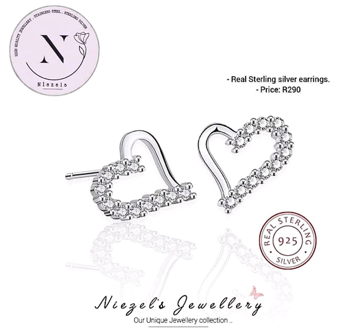 Real 925 sterling silver earrings- Beautiful shiny heart studs.