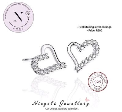 Real 925 sterling silver earrings- Beautiful shiny heart studs.