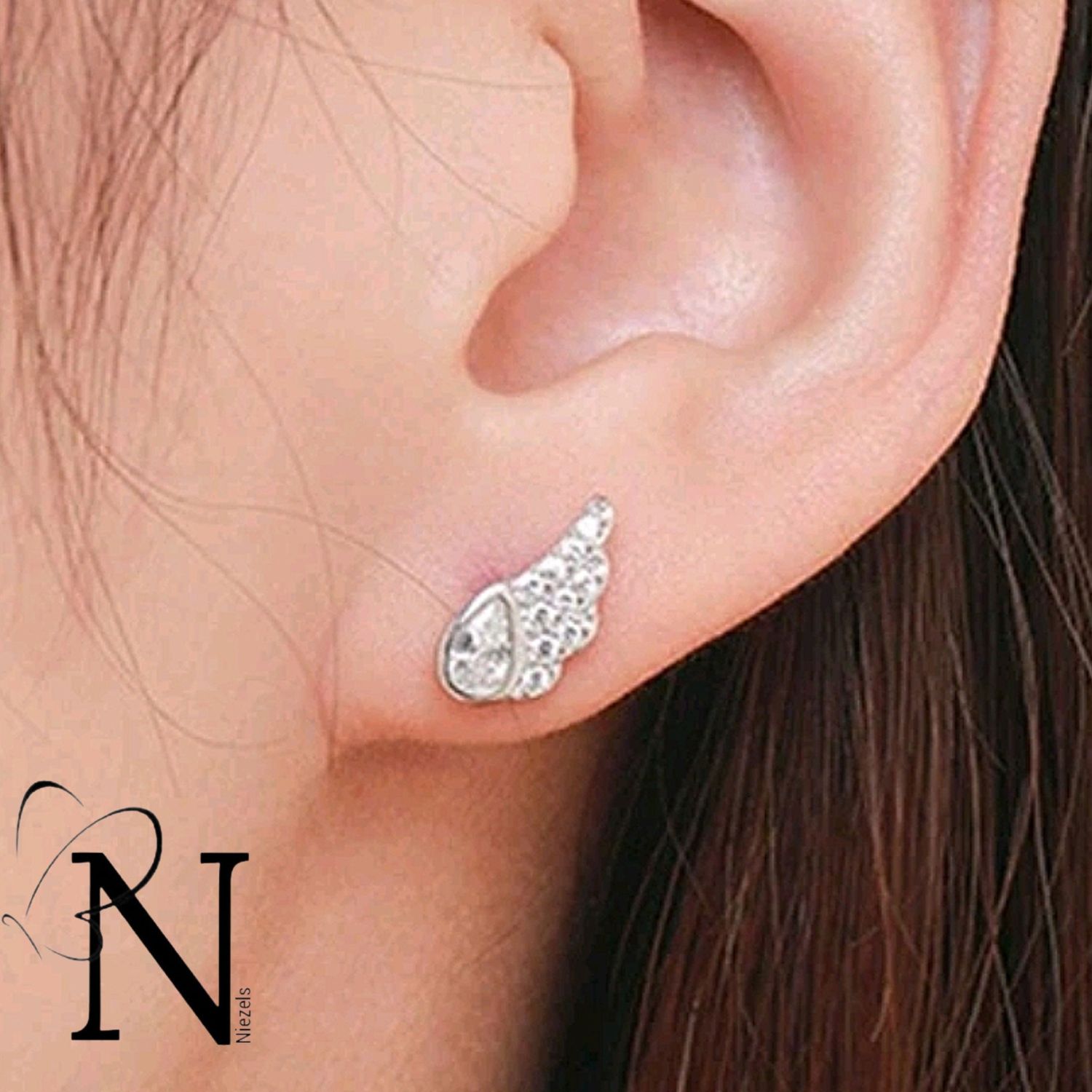 Real 925 sterling silver earrings- Shiny Angel wing studs.