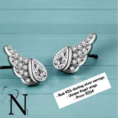 Real 925 sterling silver earrings- Shiny Angel wing studs.