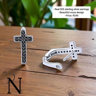 Real 925 sterling silver earrings - Beautiful cross design.