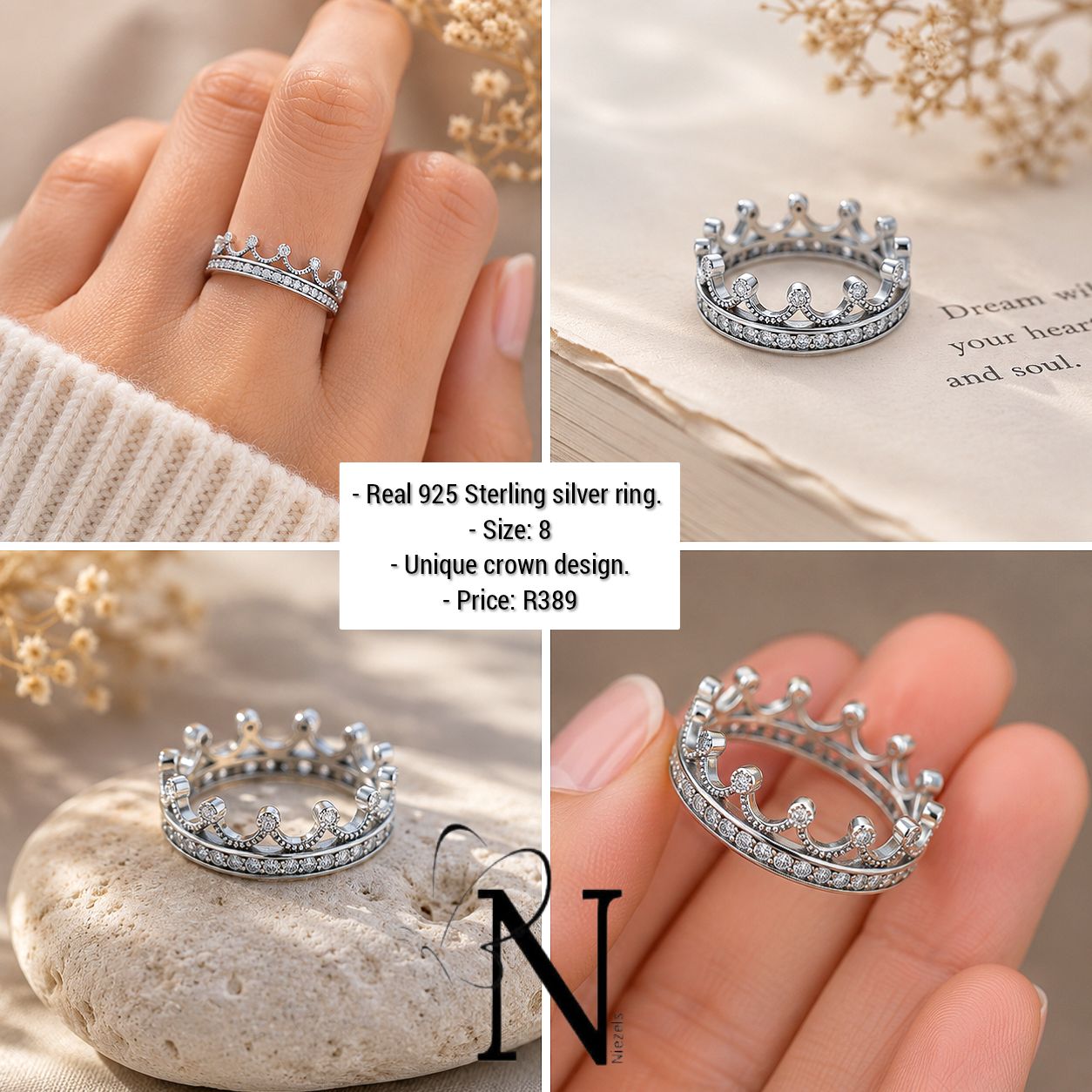 Real 925 sterling silver ring- Unique shiny crown design.