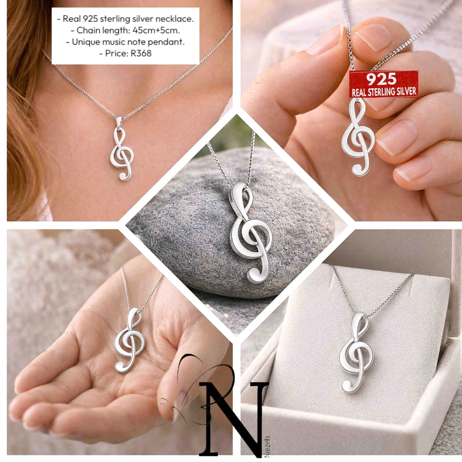 Real 925 sterling silver necklace- Unique music note pendant.