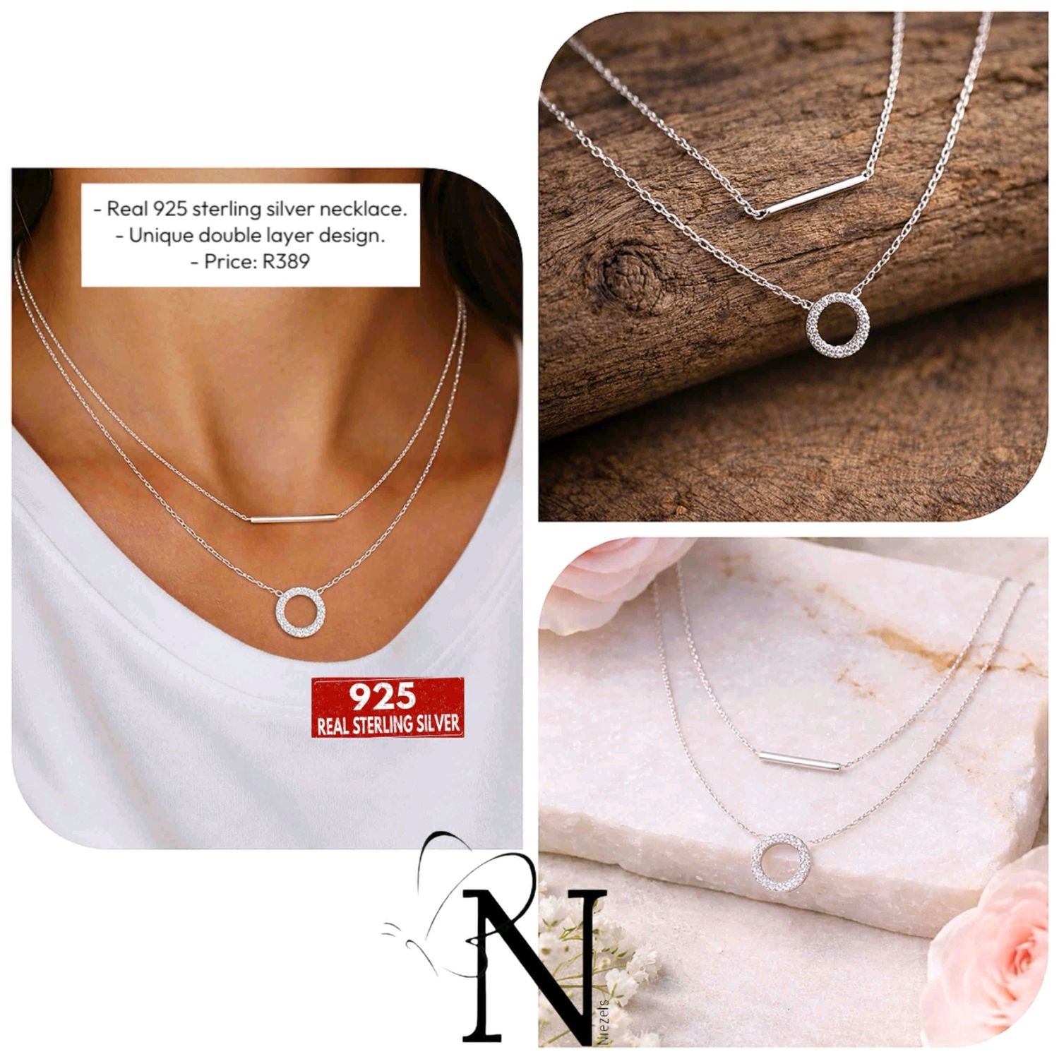 Real 925 Sterling silver necklace- Unique double layer design.