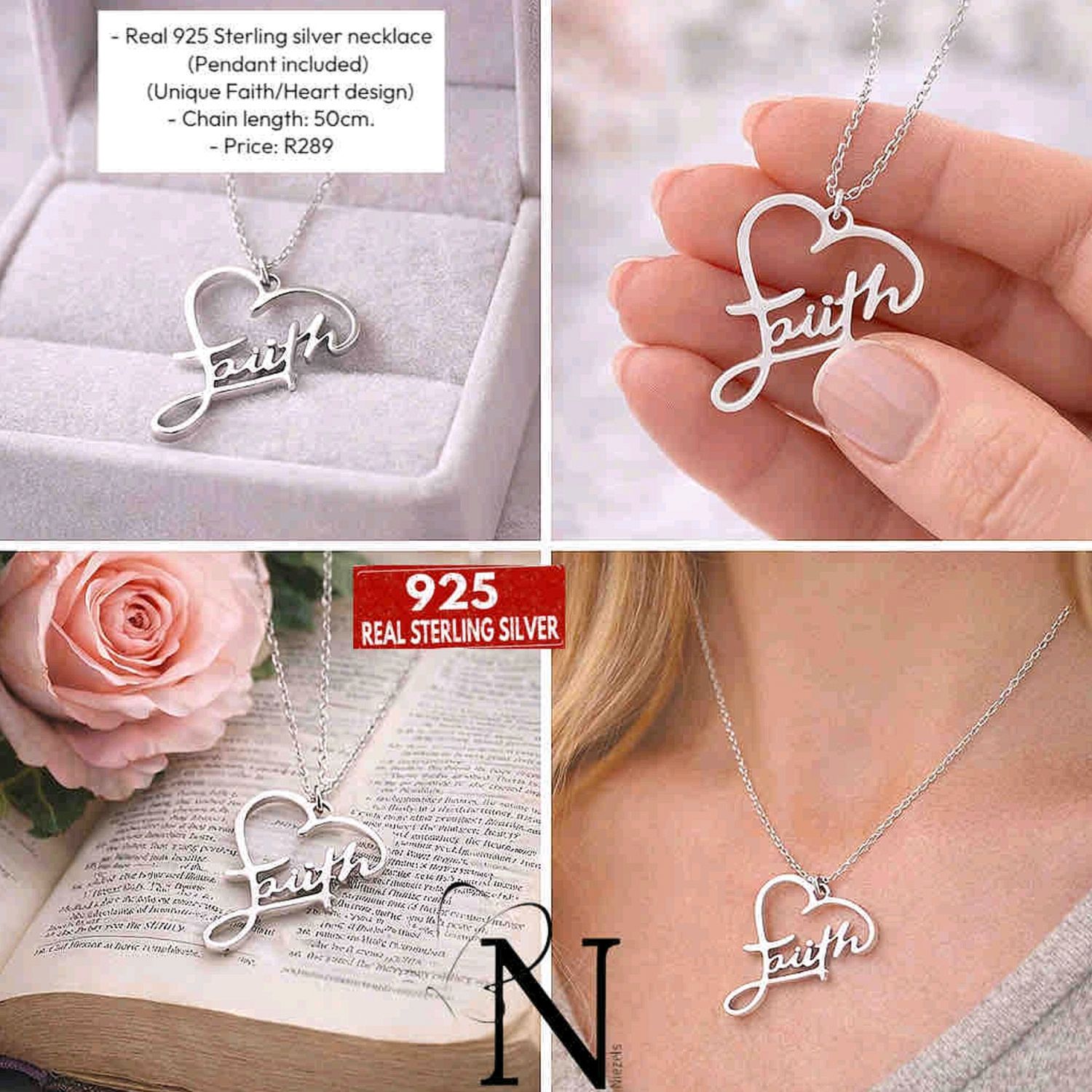 Real 925 Sterling silver necklace- Unique heart faith pendant.