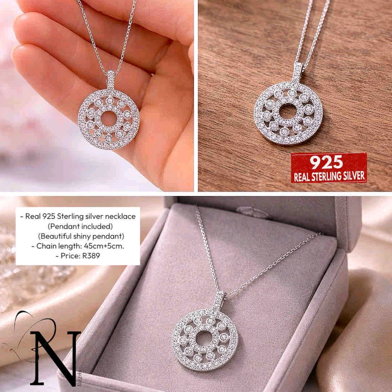Real 925 Sterling silver necklace- Beautiful shiny pendant.