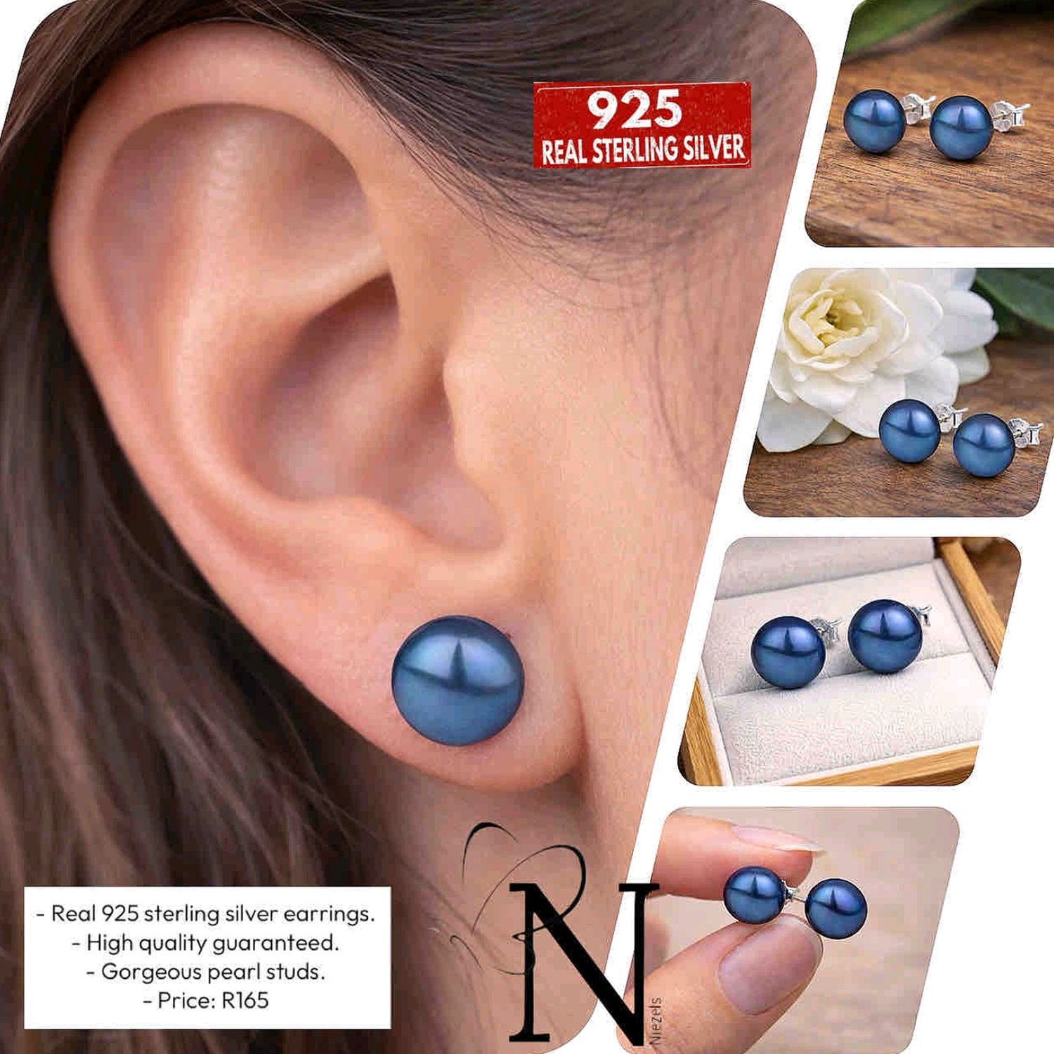 Real 925 Sterling silver earrings- Beautiful pearl design.