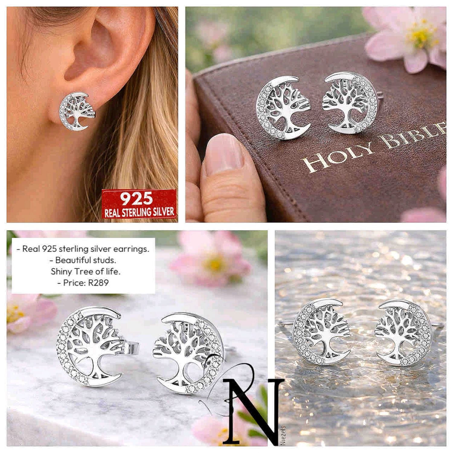 Real 925 sterling silver earrings- Tree of life studs.