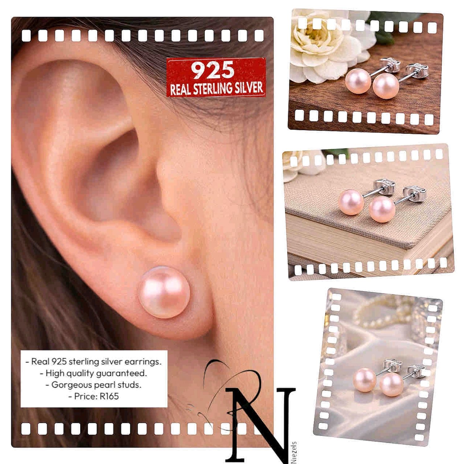 Real 925 Sterling silver earrings- Beautiful pearl studs.
