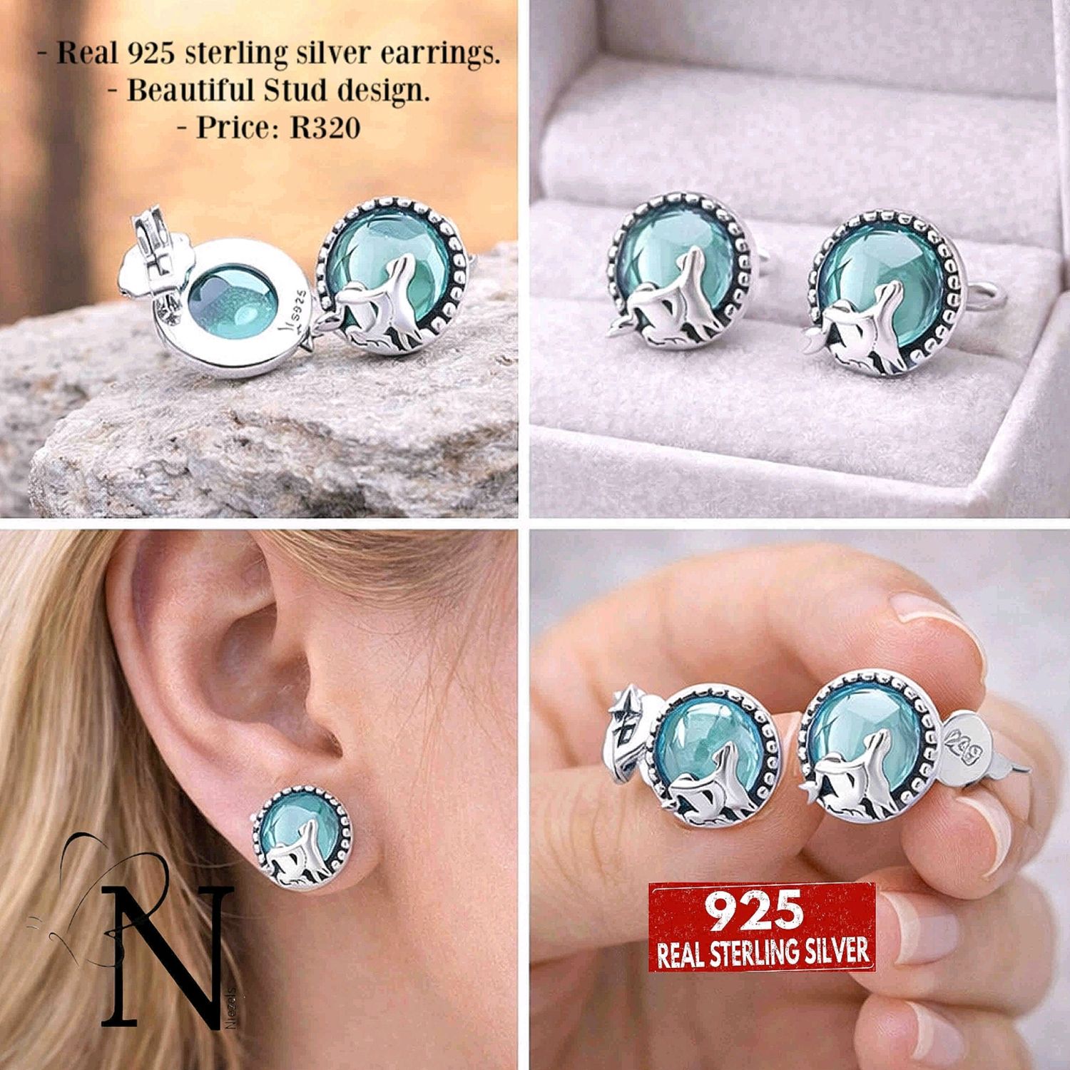 Real 925 Sterling silver earrings- Gorgeous sea green mermaid studs.