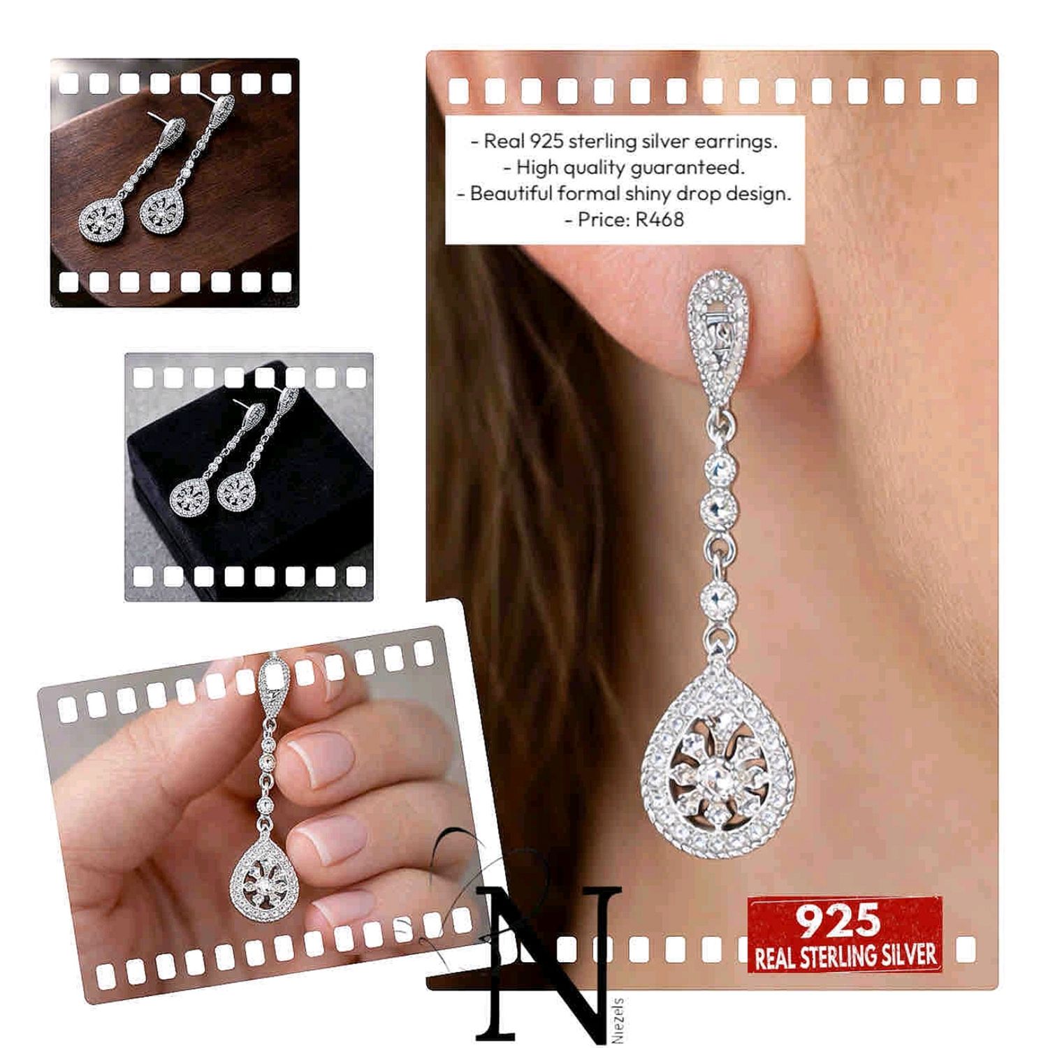 Real 925 Sterling silver earrings- Formal shiny drop design.