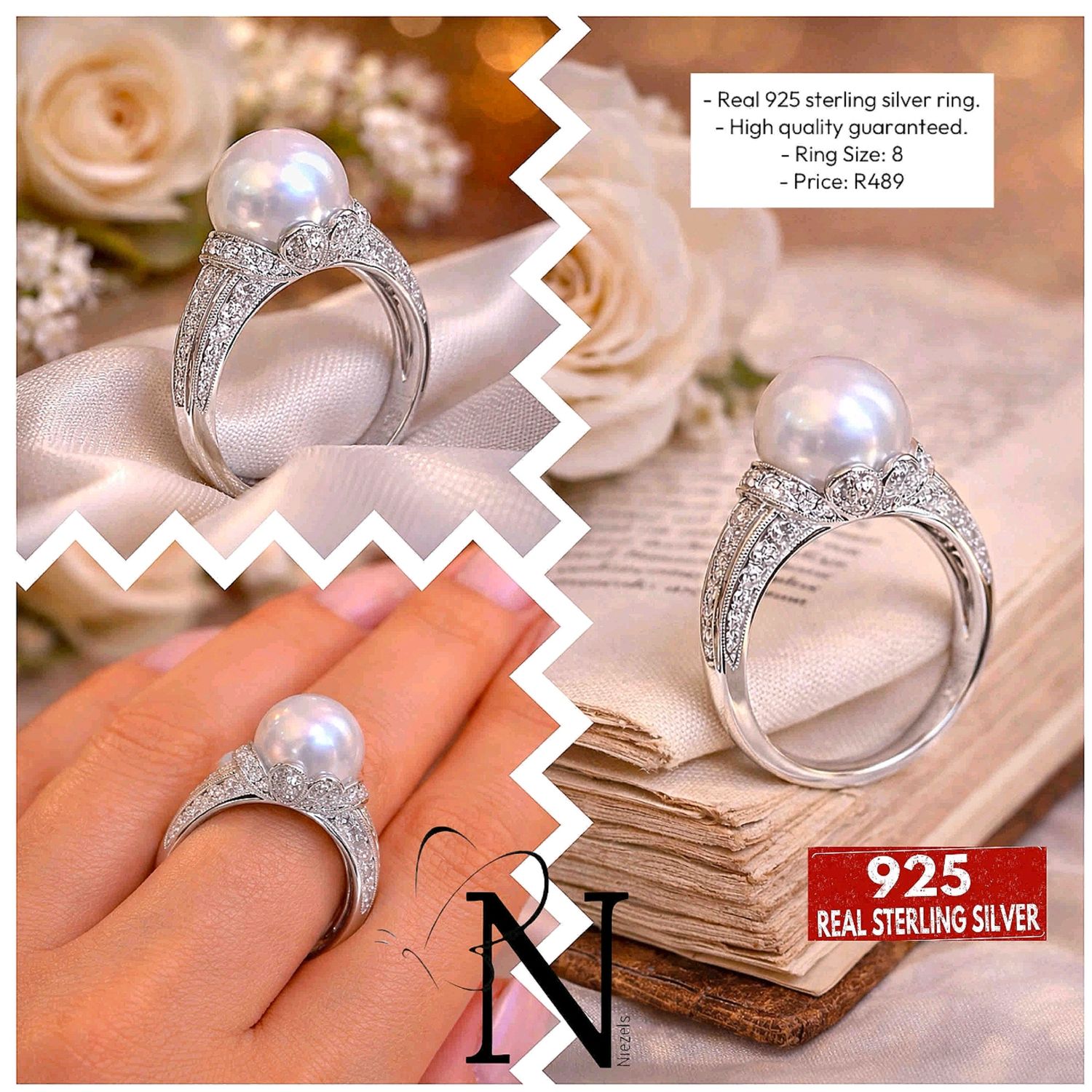 Real 925 Sterling silver rings- Unique pearl design.