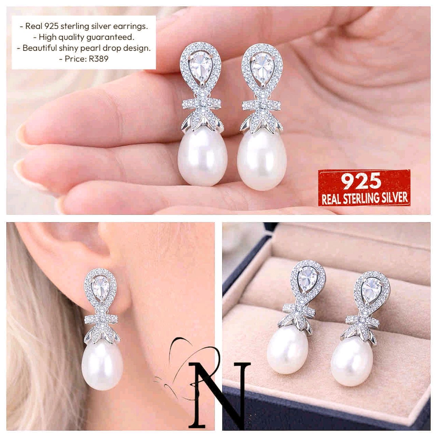 Real 925 sterling silver earrings- Unique shiny pearl design. 