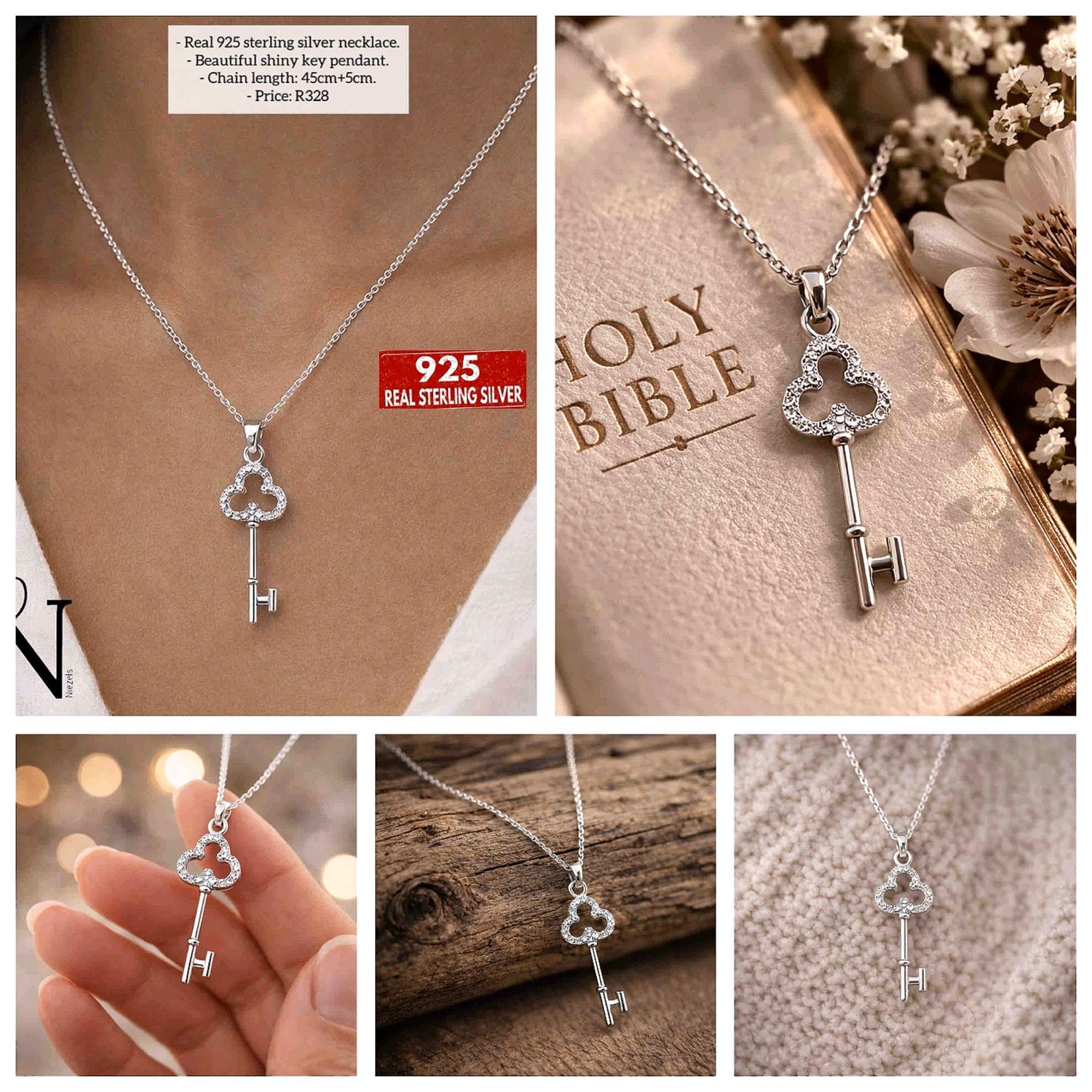 Real 925 Sterling silver necklace- Beautiful shiny key pendant.