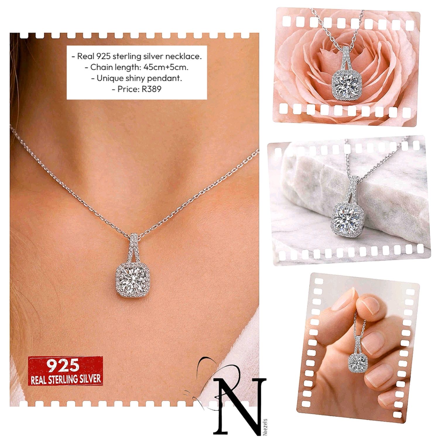 Real 925 sterling silver necklace- Gorgeous shiny pendant. 