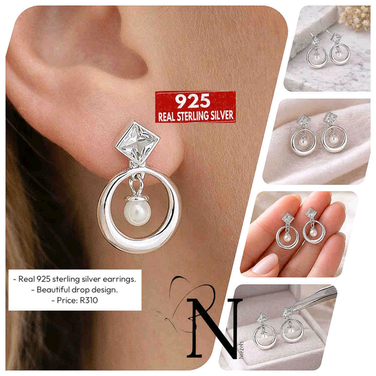 Real 925 Sterling silver earrings- Beautiful shiny/Pearl drop design. 