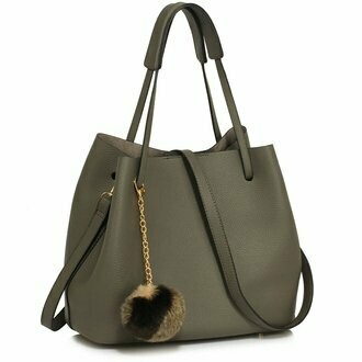 Hobo Handbag with Pom Pom Charm - Grey
