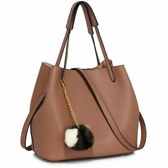 Hobo Handbag with Pom Pom Charm - Nude/Pink